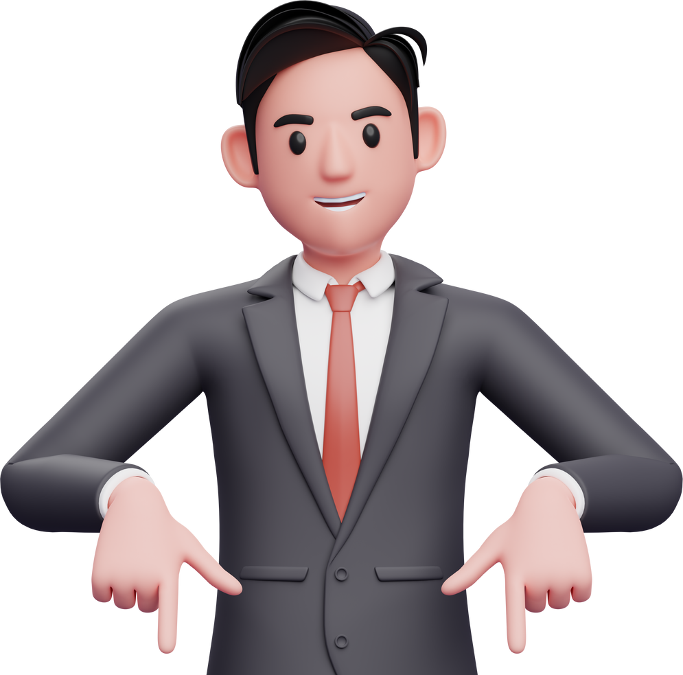 3d businessman pointing down, 3d illustration of businessman in formal suit pointing down